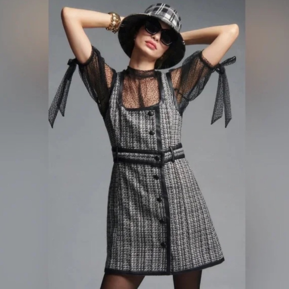 Maeve Anthropologie Black And White Tweed Mini Dress Size 8 NWT